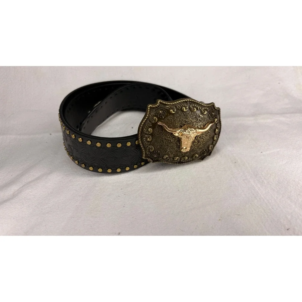 Western Black Leather Belt with Gold Longhorn Buckle